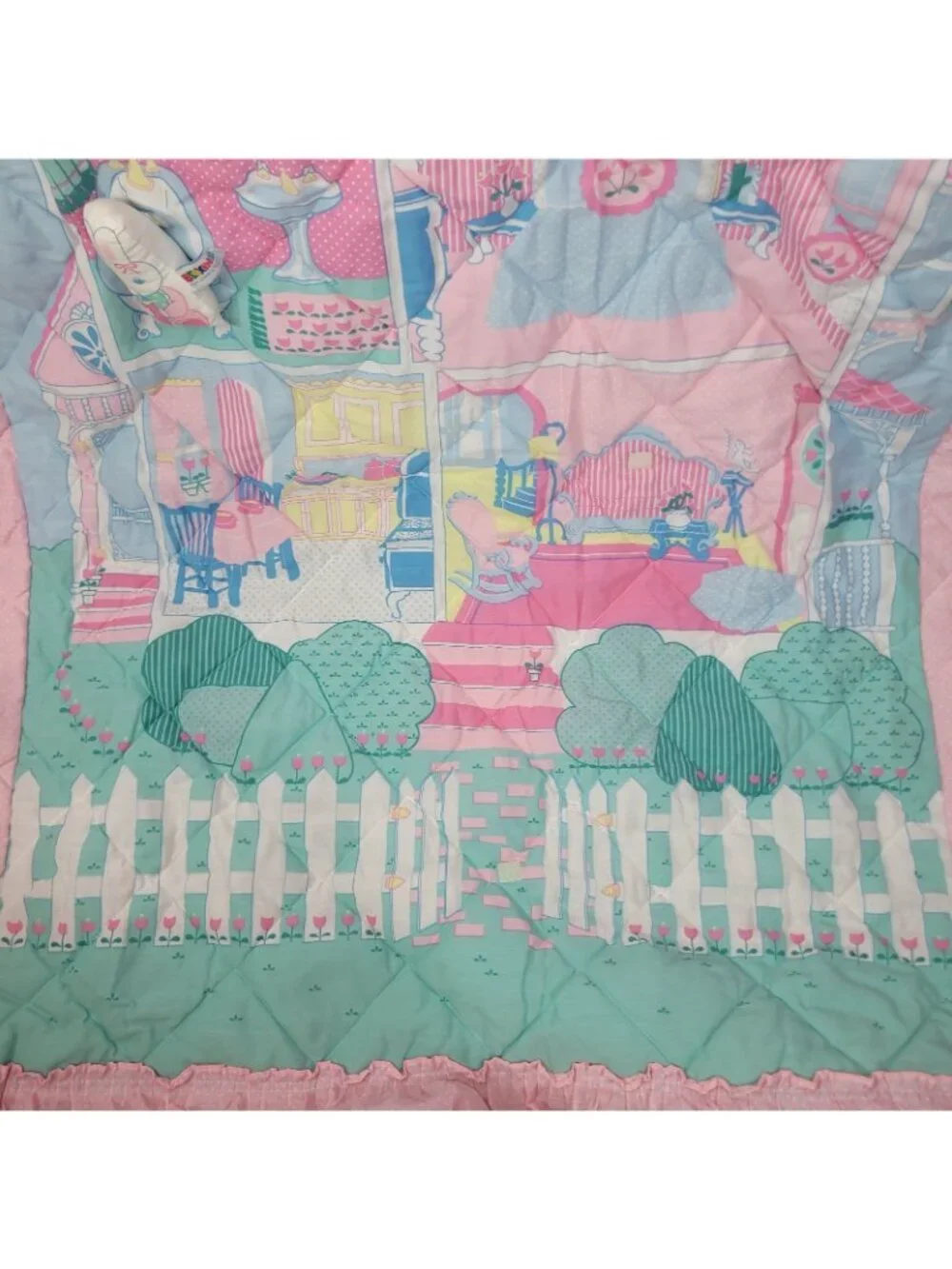 Vintage Bedkins Girls Ruffle Twin Comforter Coverlet Pink Plush Bunny Dollhouse
